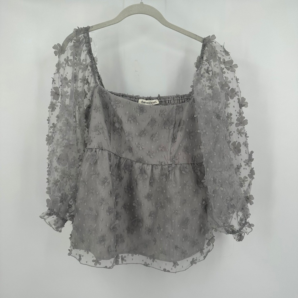 Womens Coquette Fairy Top Size XXL Sheer Mesh Floral Overlay Feminine Romantic